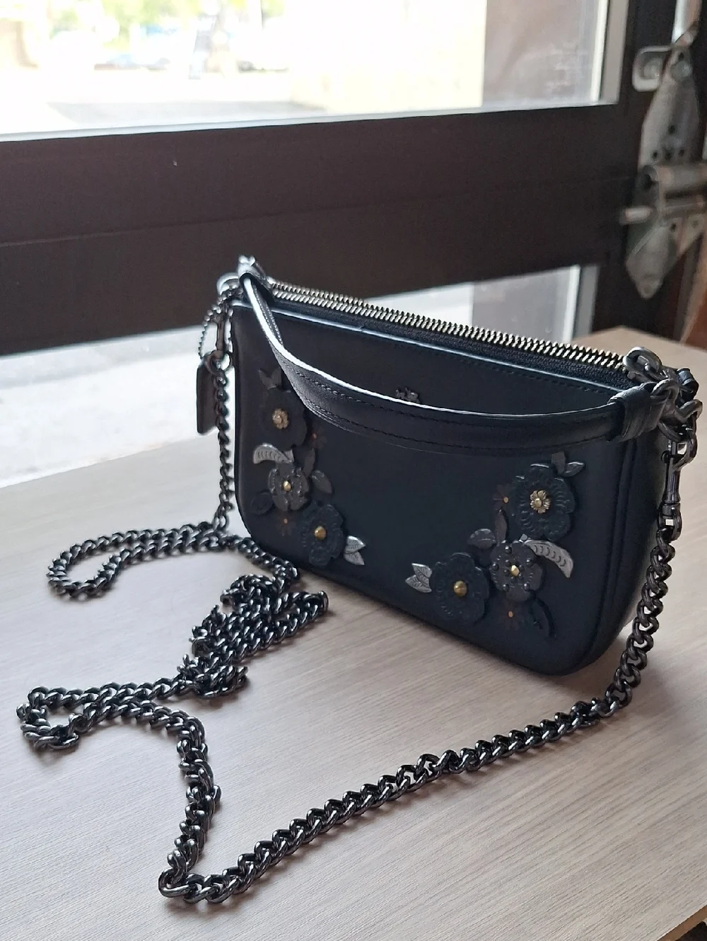 Coach Black Leather Floral Appliqué Chain Crossbody Bag